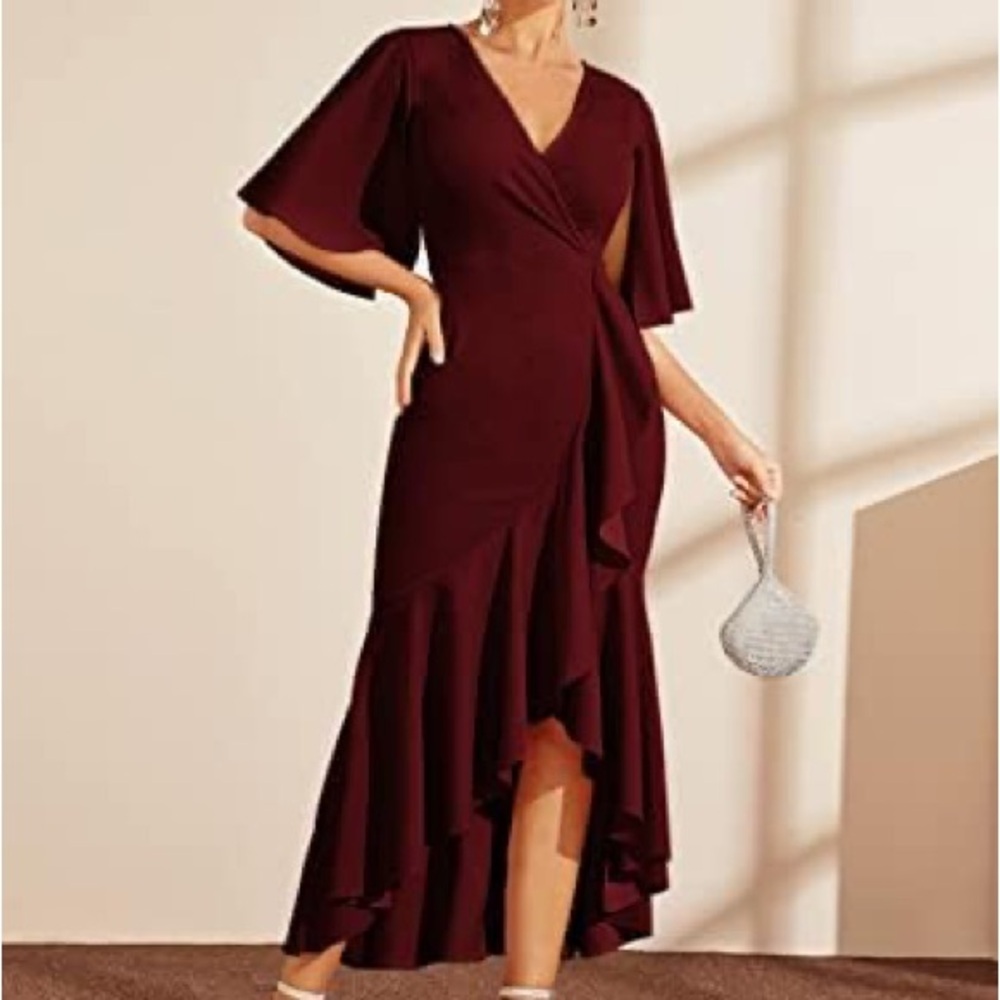 SHEIN Cape Sleeve Evening Gown Asymmetric Hem Wrap Dress Burgundy V-Neck Ruffle
